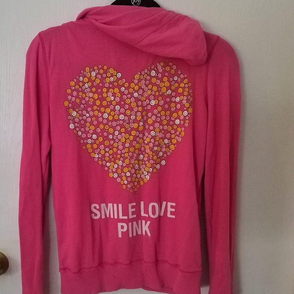 Victoria's Secret PINK HOODIE Zip Size S Heart on Back, Smile Love Pink